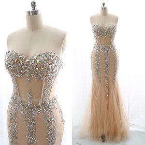Strapless Mermaid Tulle Prom Dress Champagne Beaded Formal Evening Gown